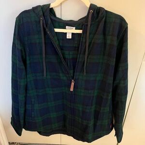 L.L. Bean navy and forest green scotch plaid relaxed shirt zip up hoodie
